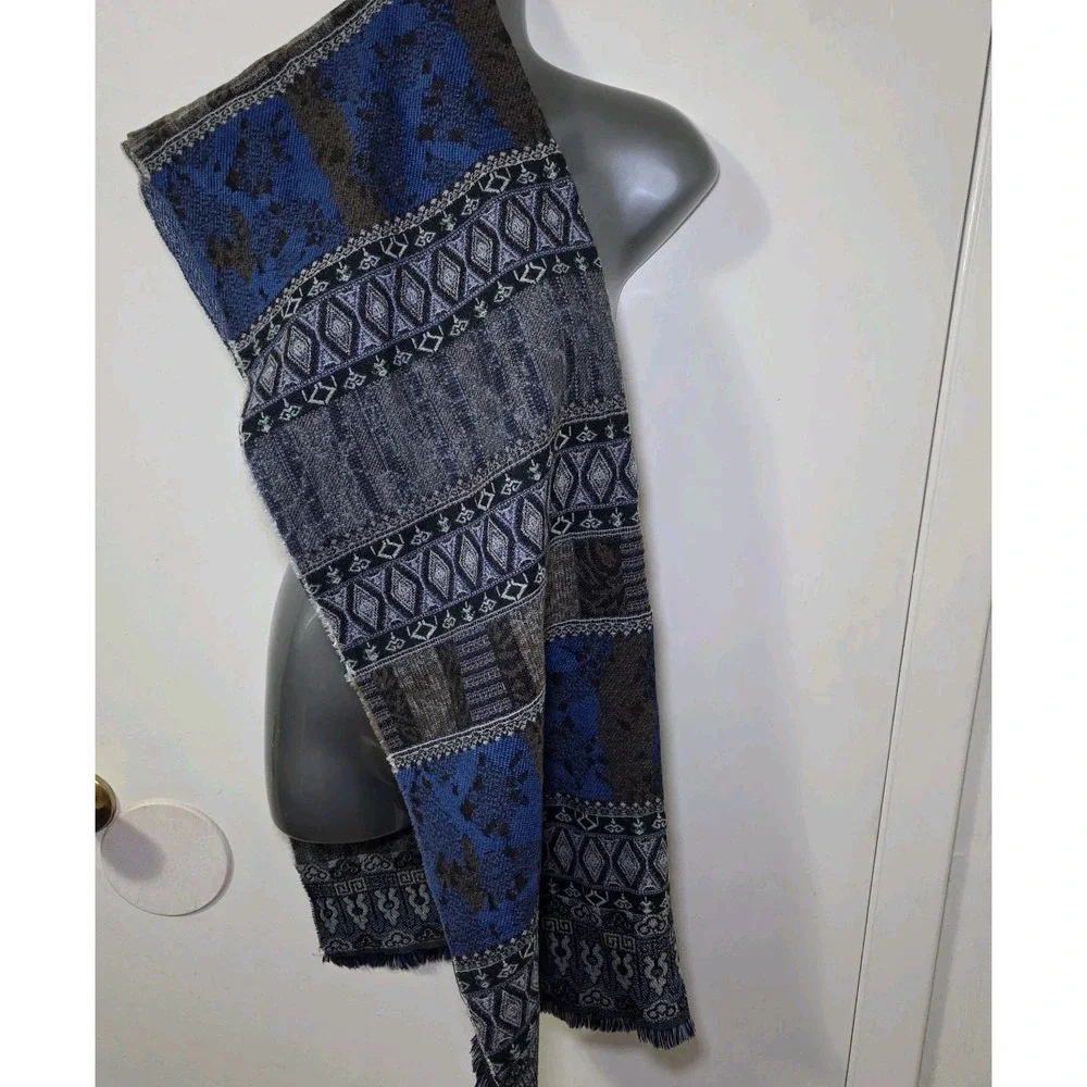 Blue Black Tribal Jacquard Woven Scarf Fringe Boho Southwestern Shawl 24